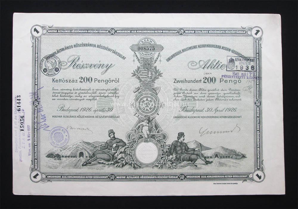 Magyar Általános Kőszénbánya részvény 200 pengő 1926